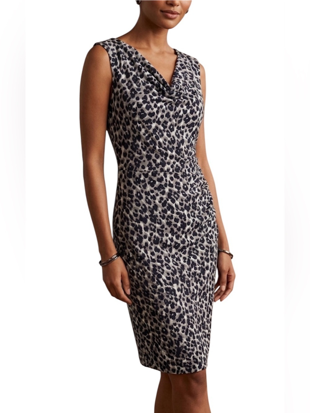 Ann Taylor Leopard Print Animal Print Cowl Neck Midi Dress Sz S Ruched